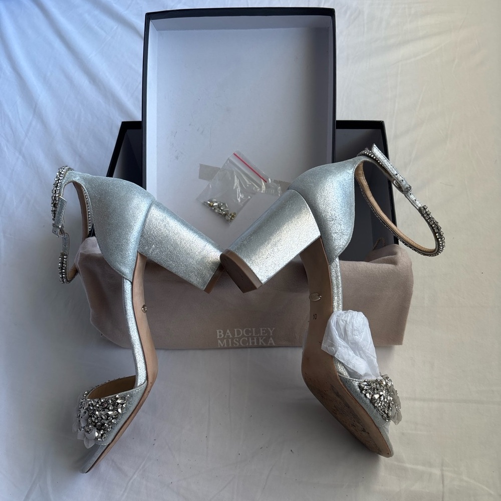 Badgley Mischka Silver Jeweled Block Heel Sandals